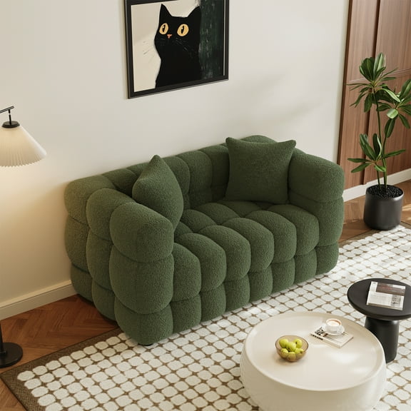 Wiilayok 59.1" Modern Tufted Upholstered Teddy 2 Seater Loveseat Sofa with 2 Pillows,Comfy Sherpa Deep Seat Cloud Couch, Small Love Seat for Living Room Apartment, Olive Green