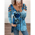 thumbnail image 2 of Qiylii Women Rose Print Loose T-shirt,Long Cutout Sleeve Zipper V-neck Pullover, 2 of 4