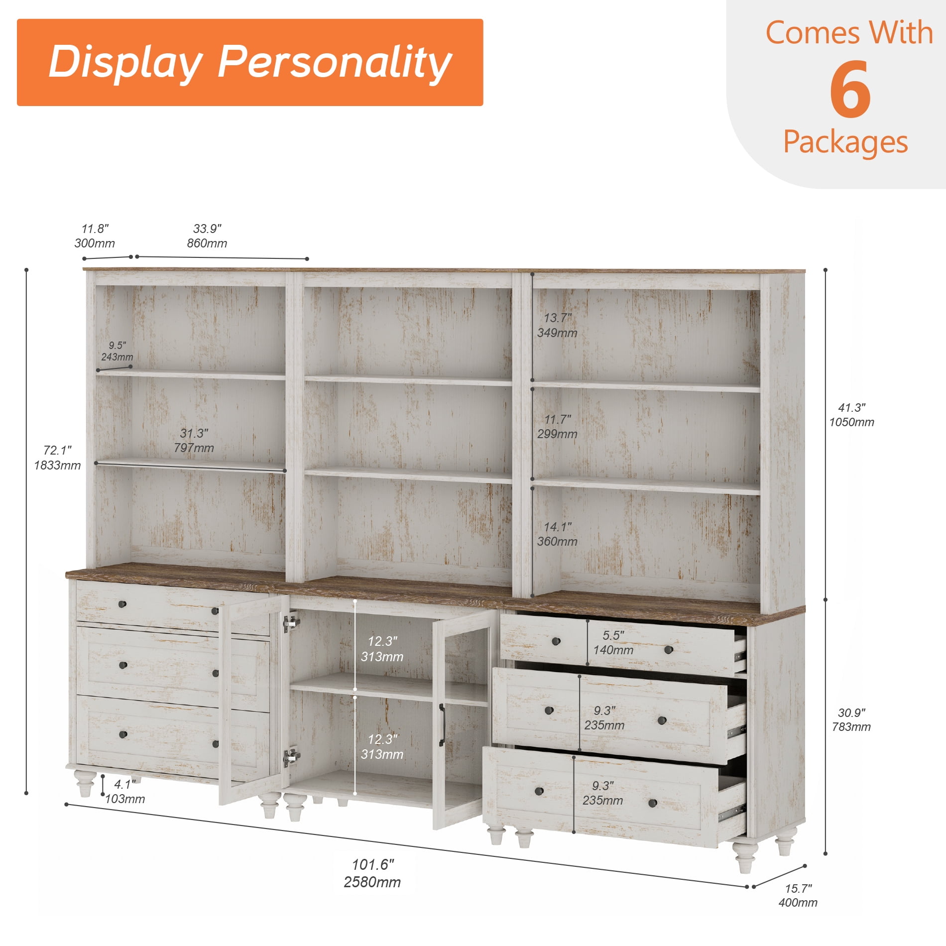 Farmhouse 5 Tier Bookcase With 2 Glass Doors and 6 Drawers, Rustic White, 101.6" W