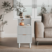 Oxirth 2PC Narrow Nightstand, 11.8 Fluted Bedside Tables with 2 Drawers & Open Shelf, Slim Mid-Century Modern End Table for Bedroom, Living Room, Office – White & Gold Accent