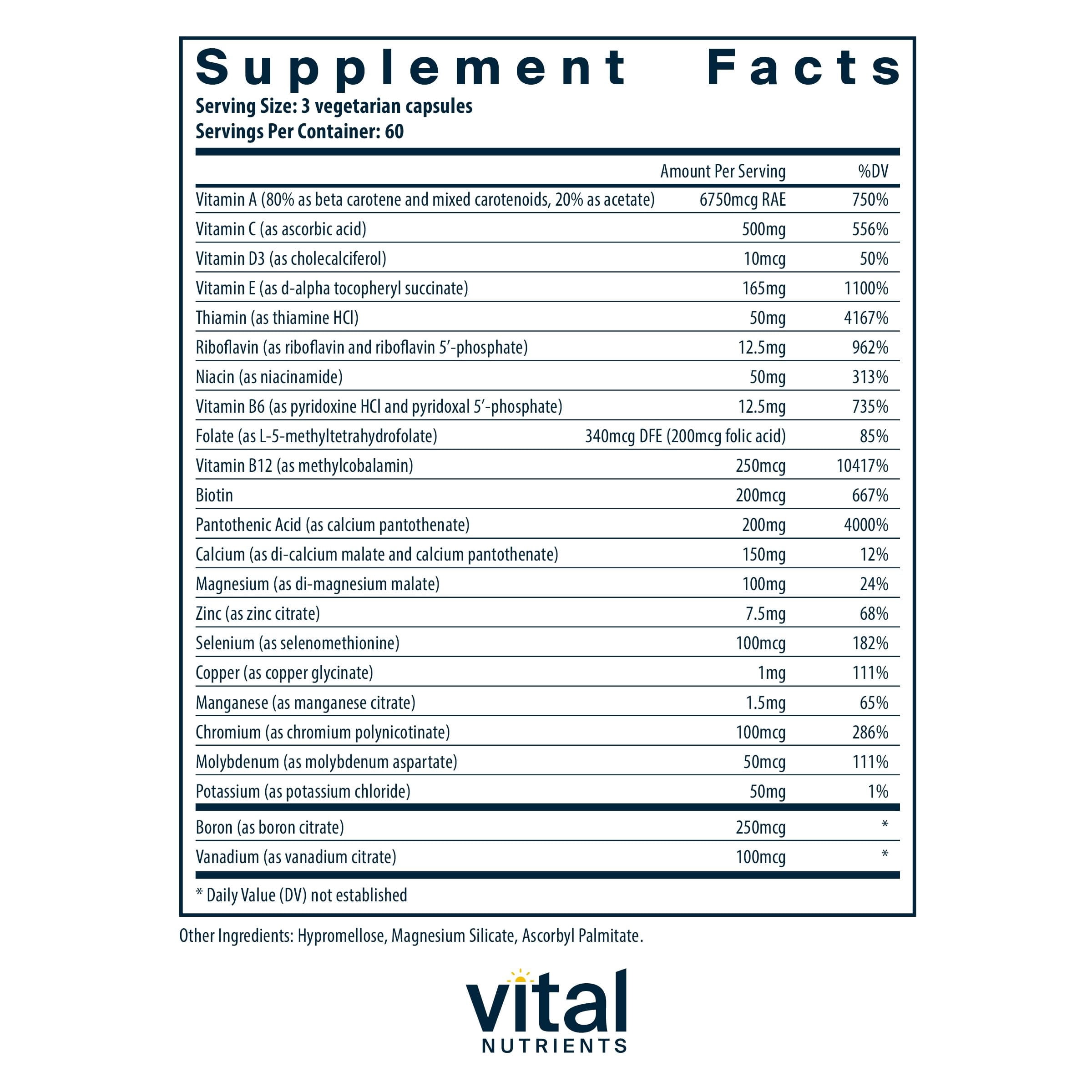 Vital Nutrients Multi-Nutrients (No Iron or Iodine) | Comprehensive Vegetarian Daily Multivitamin and Mineral Formula with Potent Antioxidants | Gluten, Dairy, Soy Free | Non-GMO | 180 Capsules