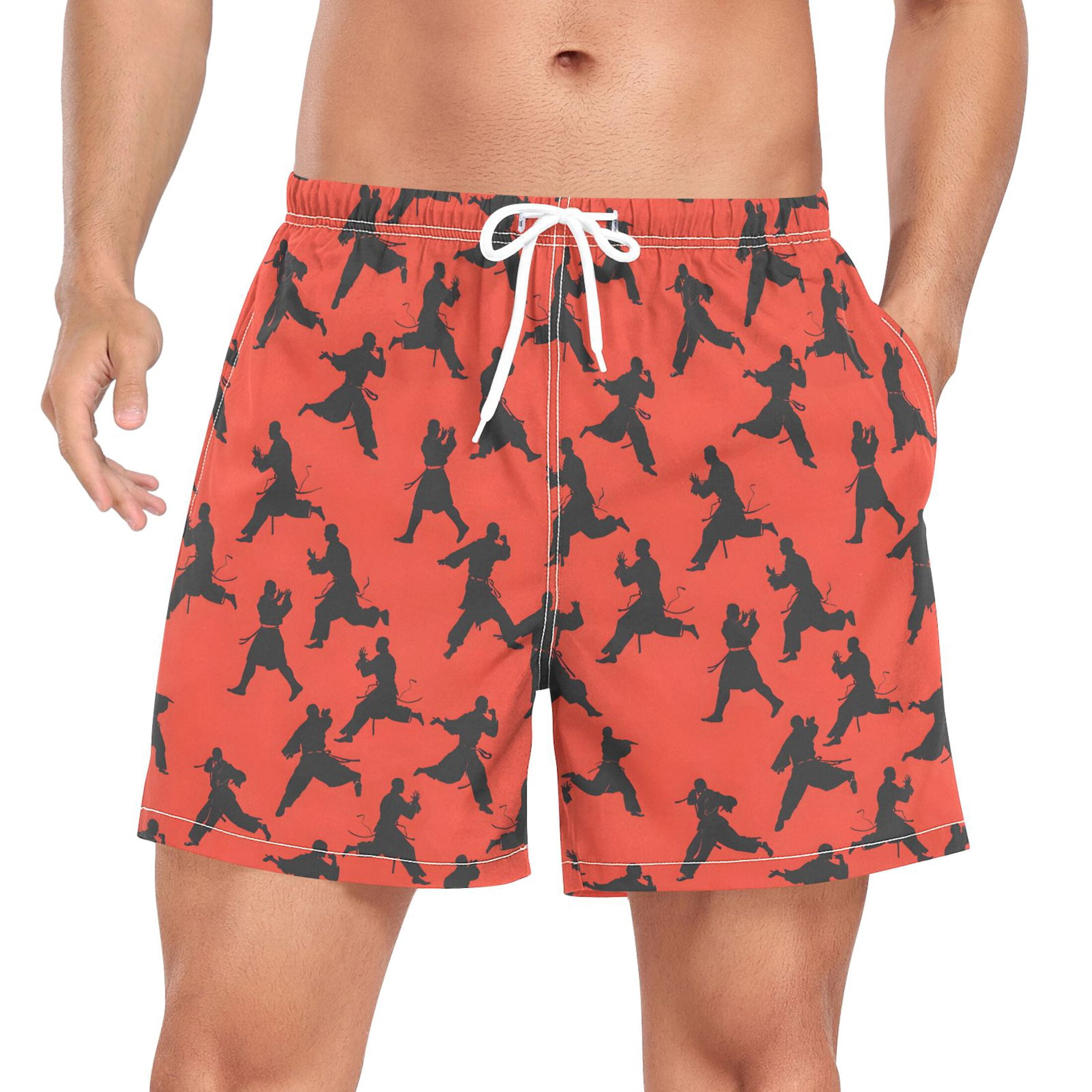 joogoo Men's Karate Style Red Swim Trunks with Liner Pocket Beach Shorts XXL