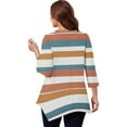 thumbnail image 4 of WTOBBY Women's Plus Size Striped Print Tunic Hollow V-Neck 3/4 Sleeve Shirt Flowy Casual Top for Elegant Comfort Wear,Brown L, 4 of 5