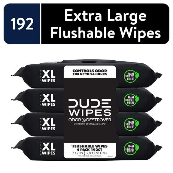 DUDE Wipes Odor Destroyer XL Flushable Wet Wipes, Deodorizing with Clean Scent, 48 Count, 4 Pack