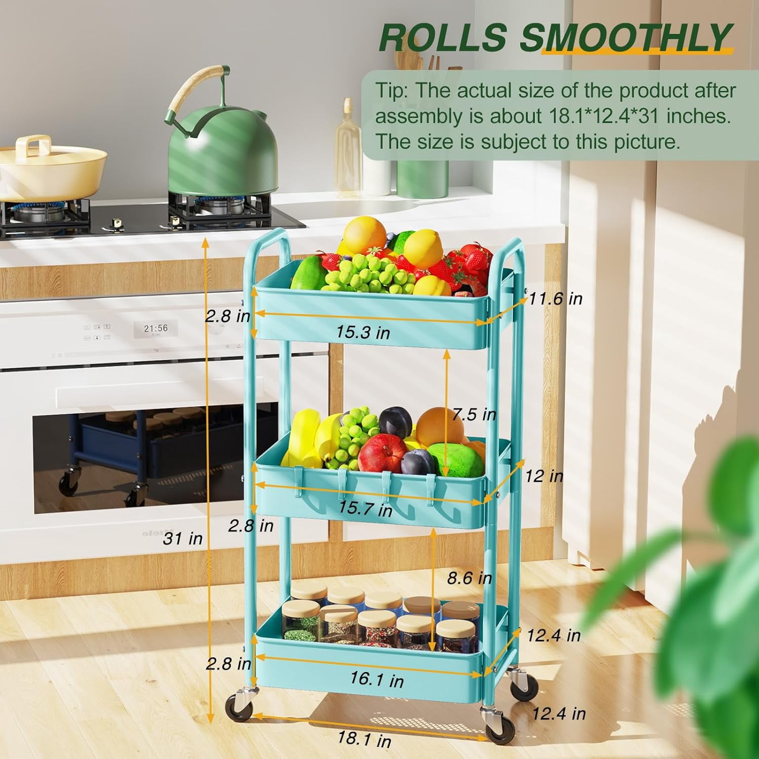3 Tier Rolling Storage Cart, Metal Trolley Utility Cart with Wheels & Hooks, Easy Assembly Organizer Storage Cart for Bathroom Kitchen Office Bedroom (Blue)