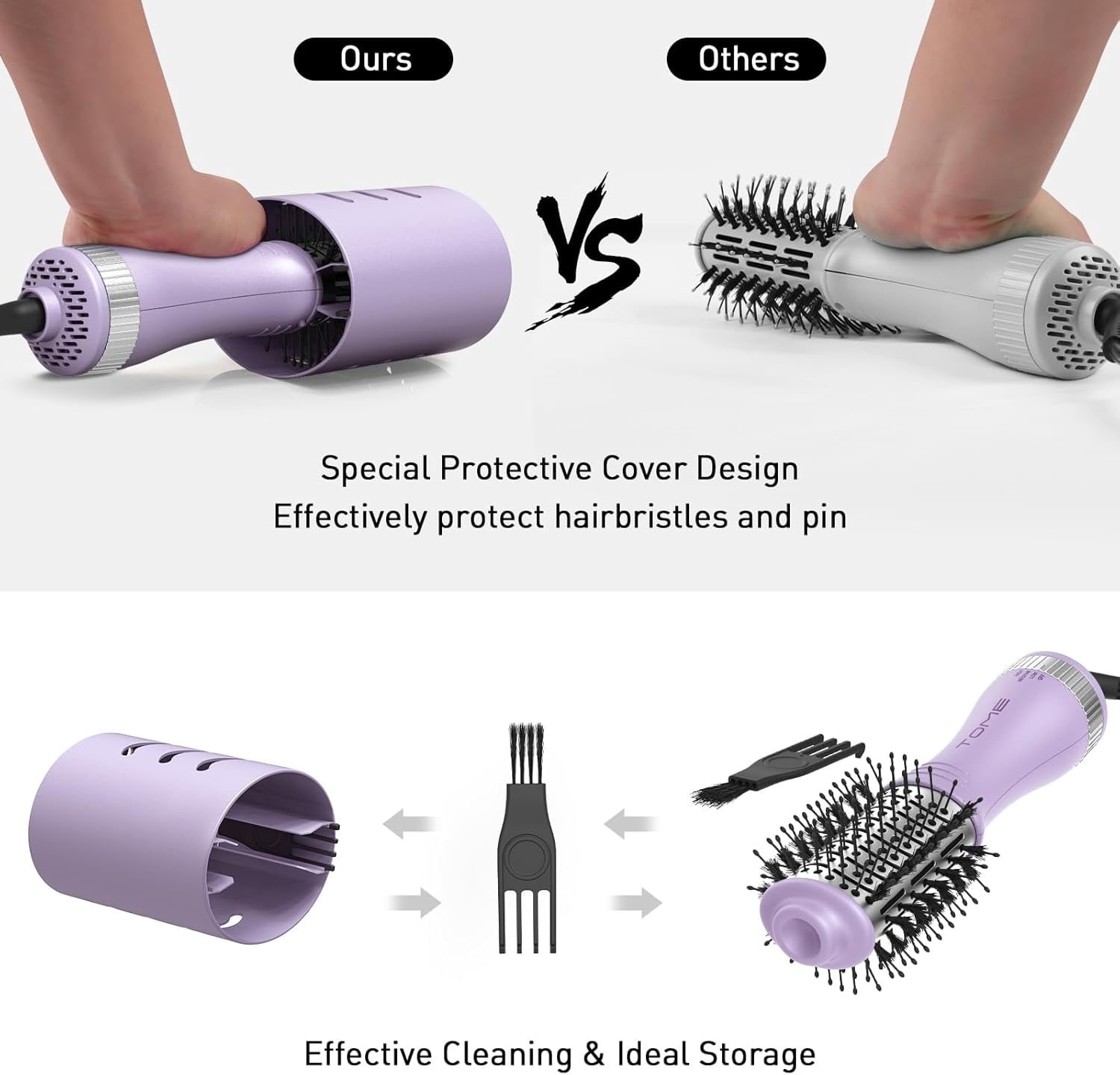 Tome 4-in-1 One-Step Dual Voltage 2 inch Hair Dryer Brush,Travel Volumizer Hot Air Brush with Protective Cover Purple