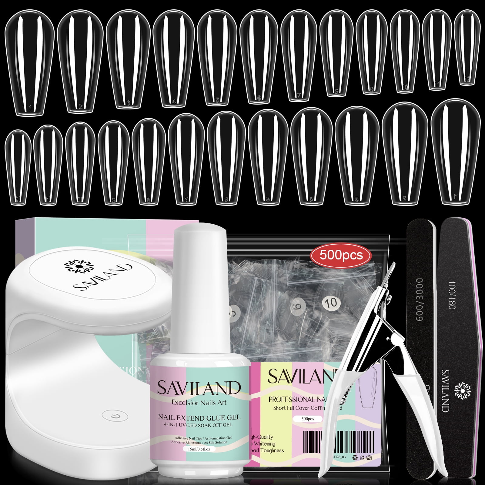 Saviland Nail Tip and Glue Gel Kit - Gel x Nail Kit with 500pcs Clear ...