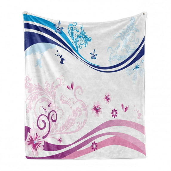 Floral Soft Flannel Fleece Throw Blanket, Modern Digital Swirls Ivy Flowers Leaves and White Backdrop Image, Cozy Plush for Indoor and Outdoor Use, 50" x 60", Dark Blue Lilac, by Ambesonne