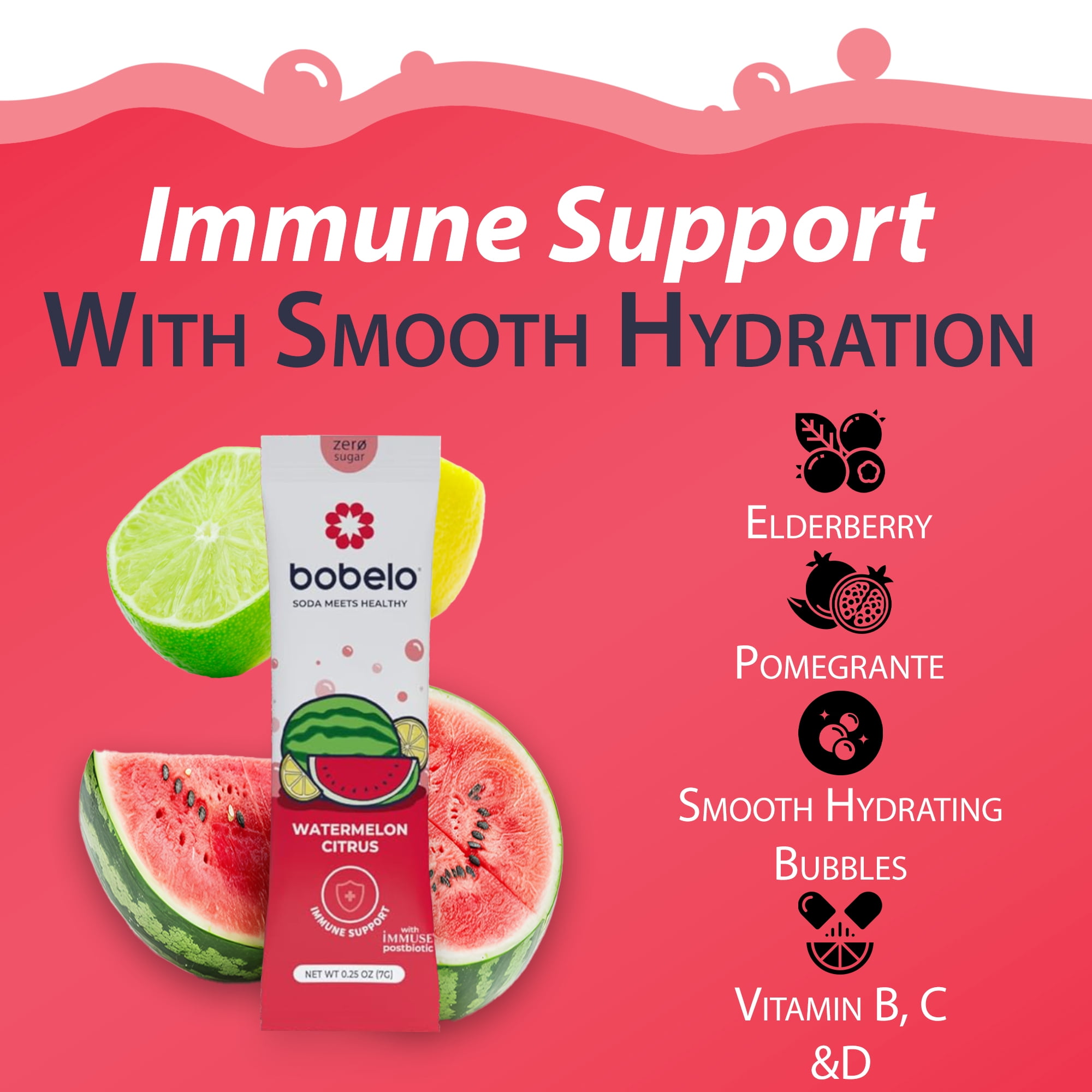 Bobelo Watermelon Citrus Electrolyte Powder Drink Mix, Gluten-Free, Caffeine-Free, 15 Ct, 0.25 oz