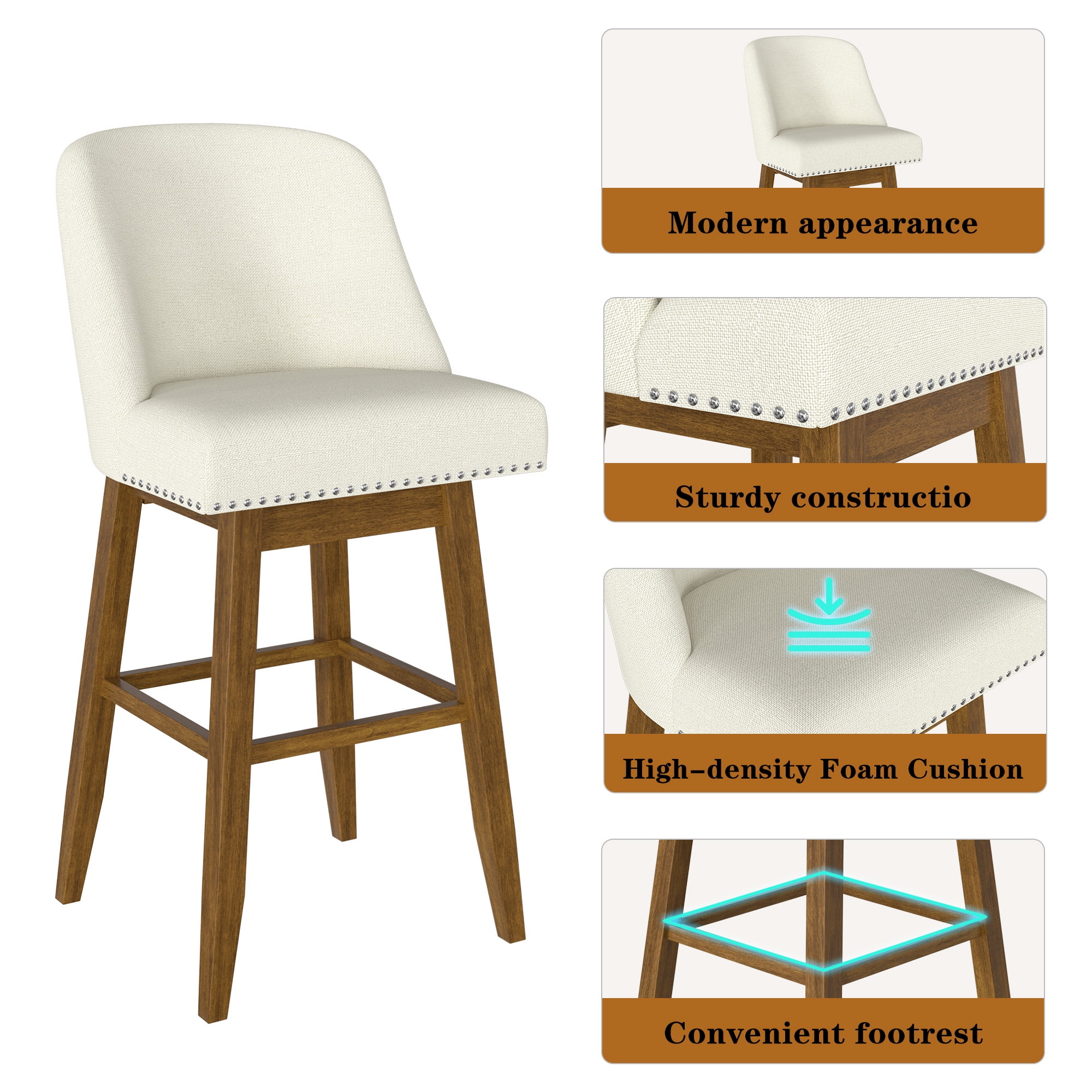 Tolead 30" Upholstered Swivel Counter Bar Stools with Back and Wood Legs - Set of 2, Beige