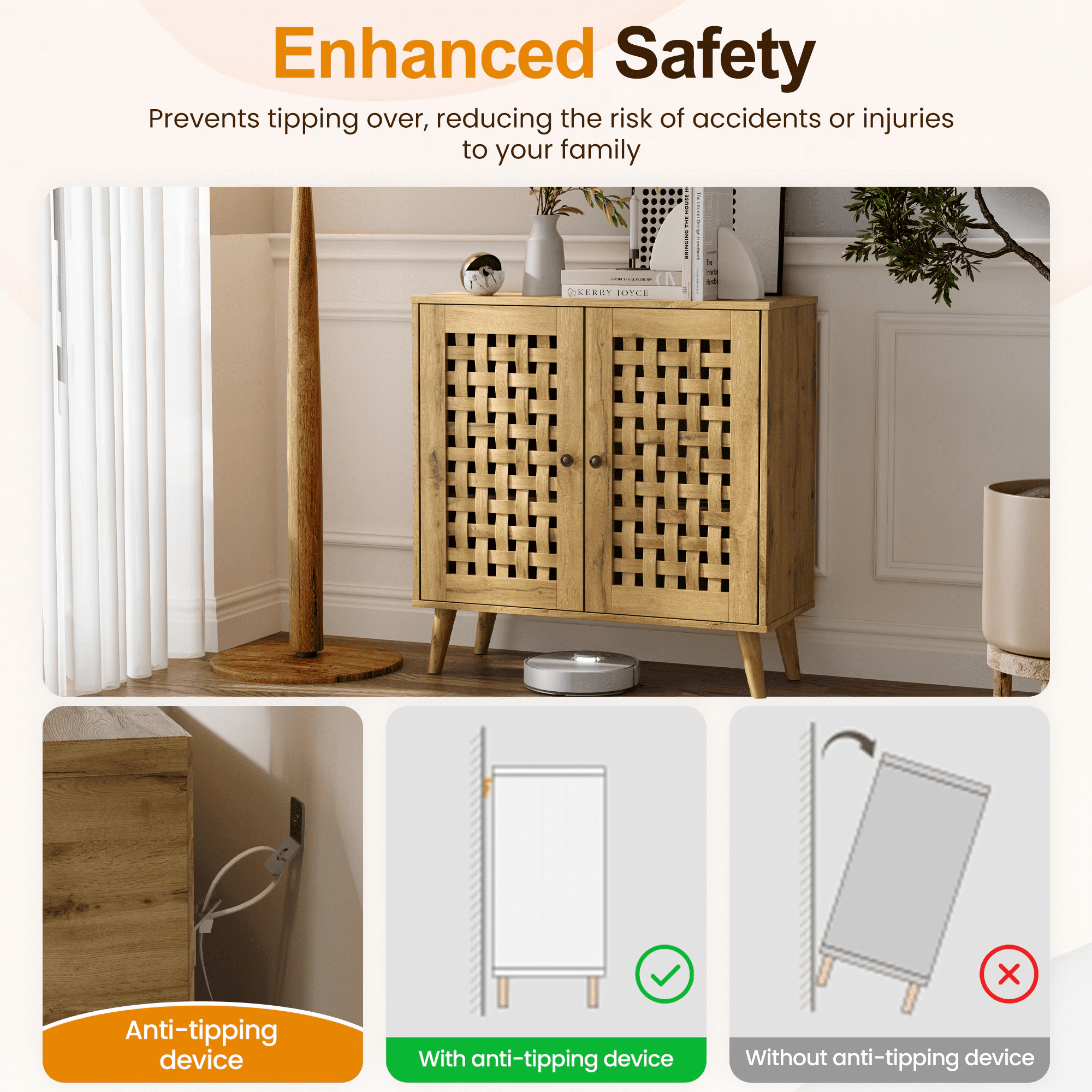2-Door Storage Cabinet with Basket Weave Ventilated Doors, Vintage Buffet Sideboard with Adjustable Shelves, Coffee Bar Cabinet for Dining Room Entryway Living Room