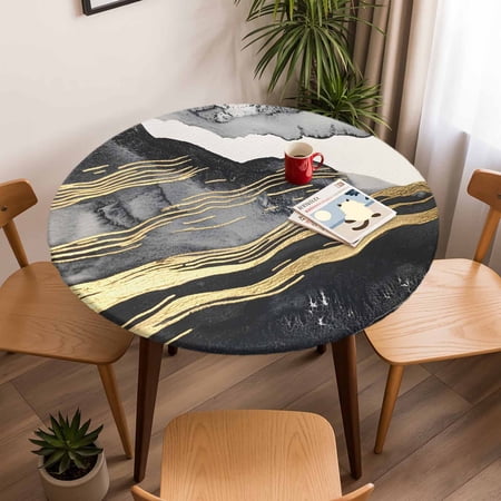 Round Fitted Tablecloth with Elastic Edge Gray Marble Abstract Stripe Fitted Table Cloth for Round Tables Gold Foil Modern Luxury Waterproof Tablecloth for Outdoor Picnic Party 45-54in