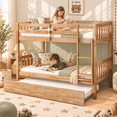 thumbnail image 3 of SESSLIFE Twin Over Twin Bunk Bed with Trundle, Convertible Wood Bunk Bed Frame with Ladder & Safety Guardrail, Separates into 2 Twin Beds, Space-Saving for Kids Bedroom, Guest Room, Natural, 3 of 8