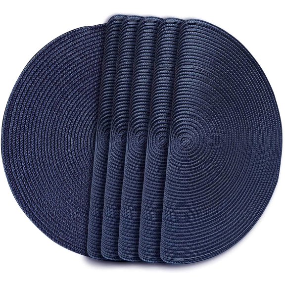 Home Fashion Round Braided Woven Polypropylene Plastic Placemats Set of 6 (Navy Blue, 6)