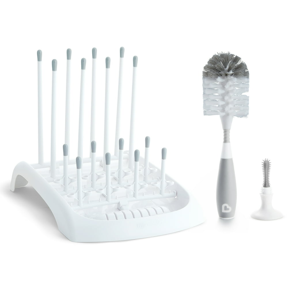 Munchkin Drying Rack and Bristle Bottle Brush Cleaning Set, Grey