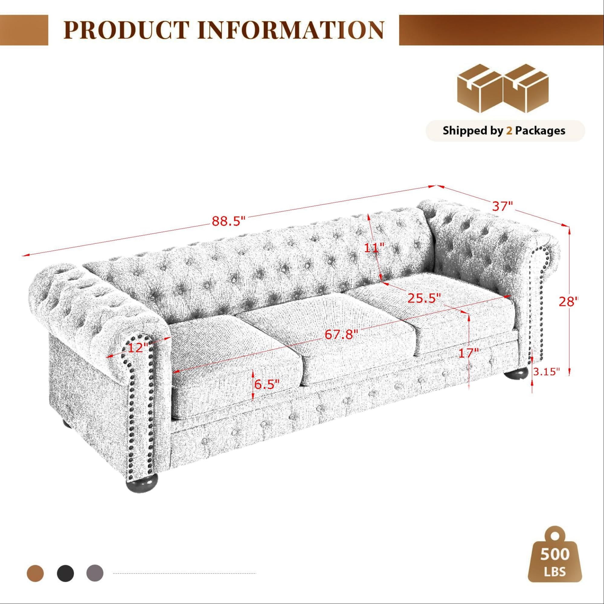 Aukfa 89" Chesterfield Sofa Deep Seat 3-Seater Leather Couch with Tufted Button for Living Room, Rolled Arms, Gray