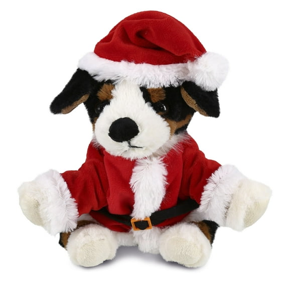 DolliBu Santa Bernese Dog Stuffed Animal Plush Toy - Super Soft Dog Plush Dress Up with Red Santa Claus Outfit, Cute Pet Holiday Christmas Gift - 7 Inches