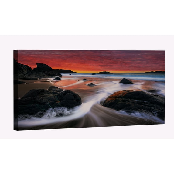 Pink Sky Beach Waves Canvas Art Beach Sunset Picture Wall Art Beach Landscape Framed Painting Wall Decor For Home Office Bedroom Reeady to Hang