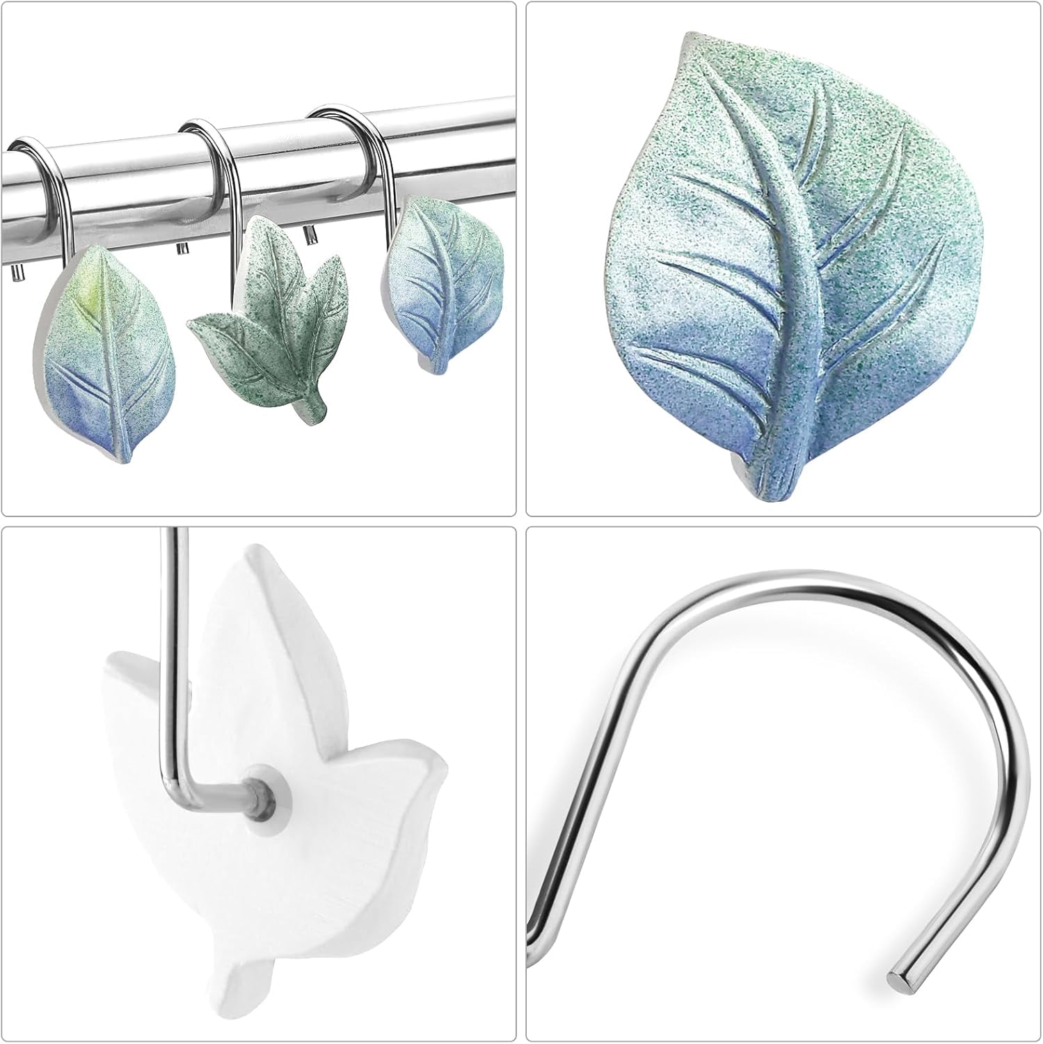 12PCS Leaves Shower Curtain Hooks, Blue Plant Leaf Decorative Shower Curtain Hooks Metal Rustproof Cute Eucalyptus Shower Curtain Rings Bathroom Decoration Accessories