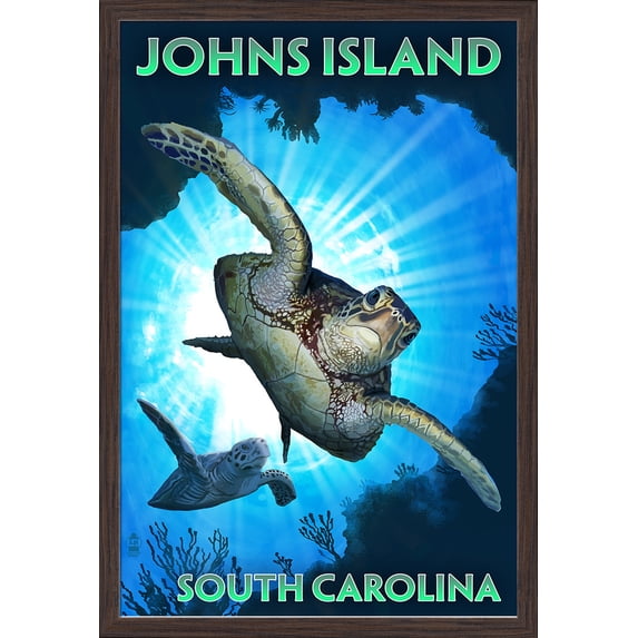 Johns Island, South Carolina - Sea Turtles Diving - Lantern Press Artwork (24x36 Giclee Art Print, Gallery Framed, Espresso Wood)
