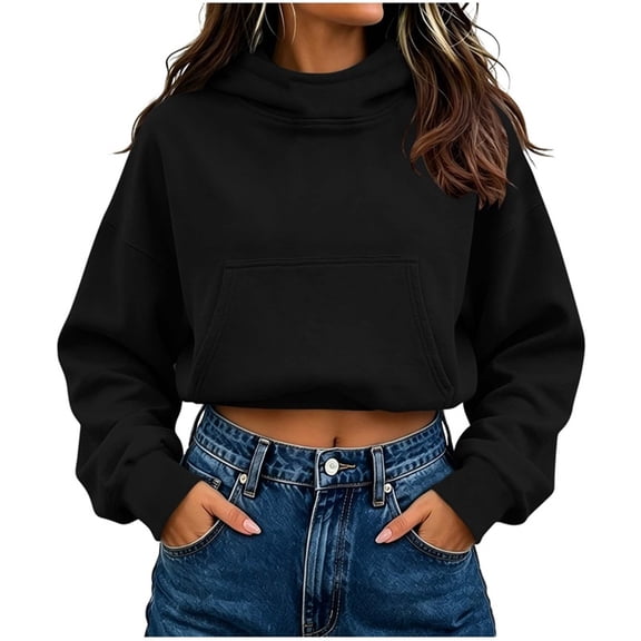 CHGBMOK Women's Cropped Hoodie Drop Shoulder Casual Pullover with Pocket Long Sleeve Relaxed Fit Top