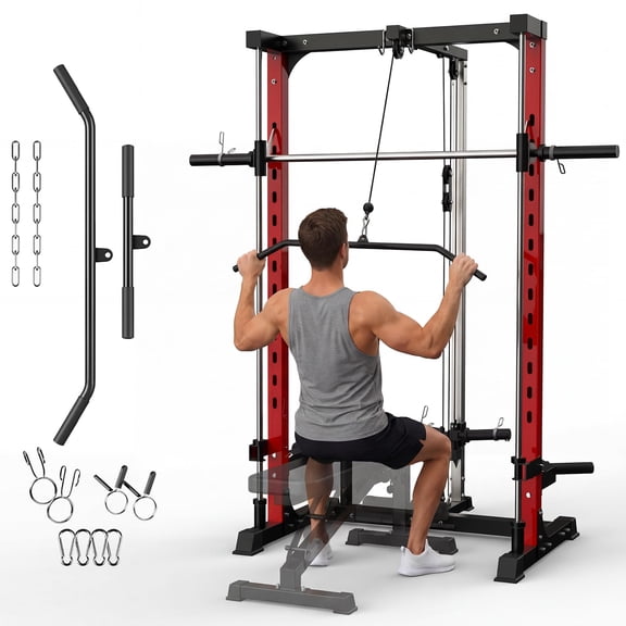 BodyPower Smith Machine, Multi‑Functional Power Cage, 1000 lbs Squat Rack with LAT Pulldown & Cable Crossover Pulley System for Full‑Body Workout Training