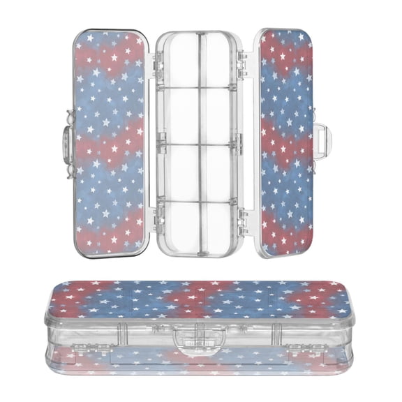 Plastic Pencil Box Large Capacity Pencil Boxes Clear Boxes with Snap-Tight Lid Stylish Office Supplies Storage Organizer Box Red White and Blue Stars Pattern