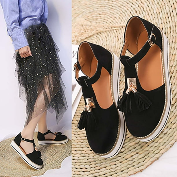 Zapatos de plataforma en forma de T hueca Baotou con borlas de verano, sandalias con hebilla de gamuza Wmkox8yii shjk4880