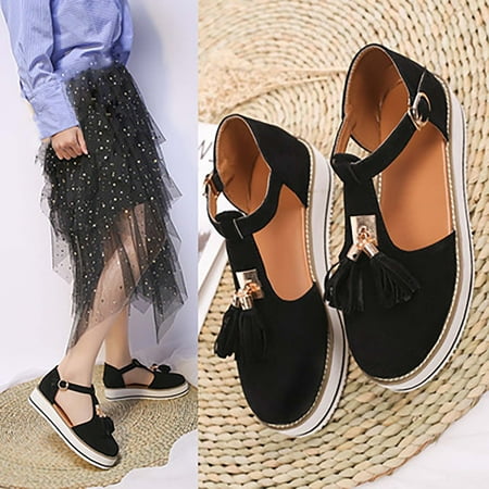 

Summer Tassel Baotou Hollow T-shaped Platform Shoes Suede Buckle Sandals