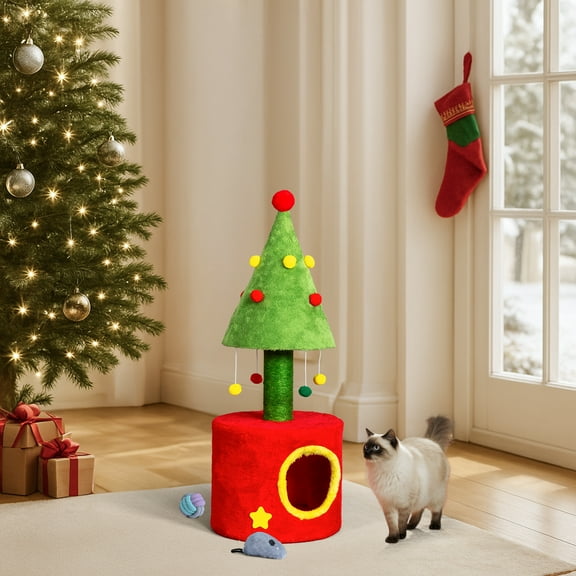 ZephyPaws Christmas Cat Tree 31 inch with Cat House, Holiday Cat Scratching Post with Sisal & Hanging Balls, Small Cat Tower for Indoor Kittens, Red & Green Christmas Cat Furniture