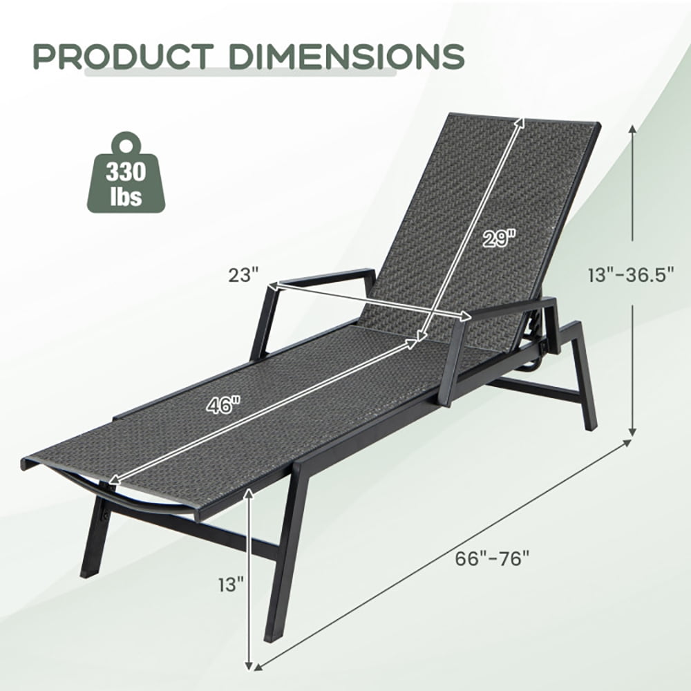 Aimee Lii Outdoor Rattan Chaise Lounge Reclining Chair with Armrests and 5-Position Backrest, Patio Loungers, Brown