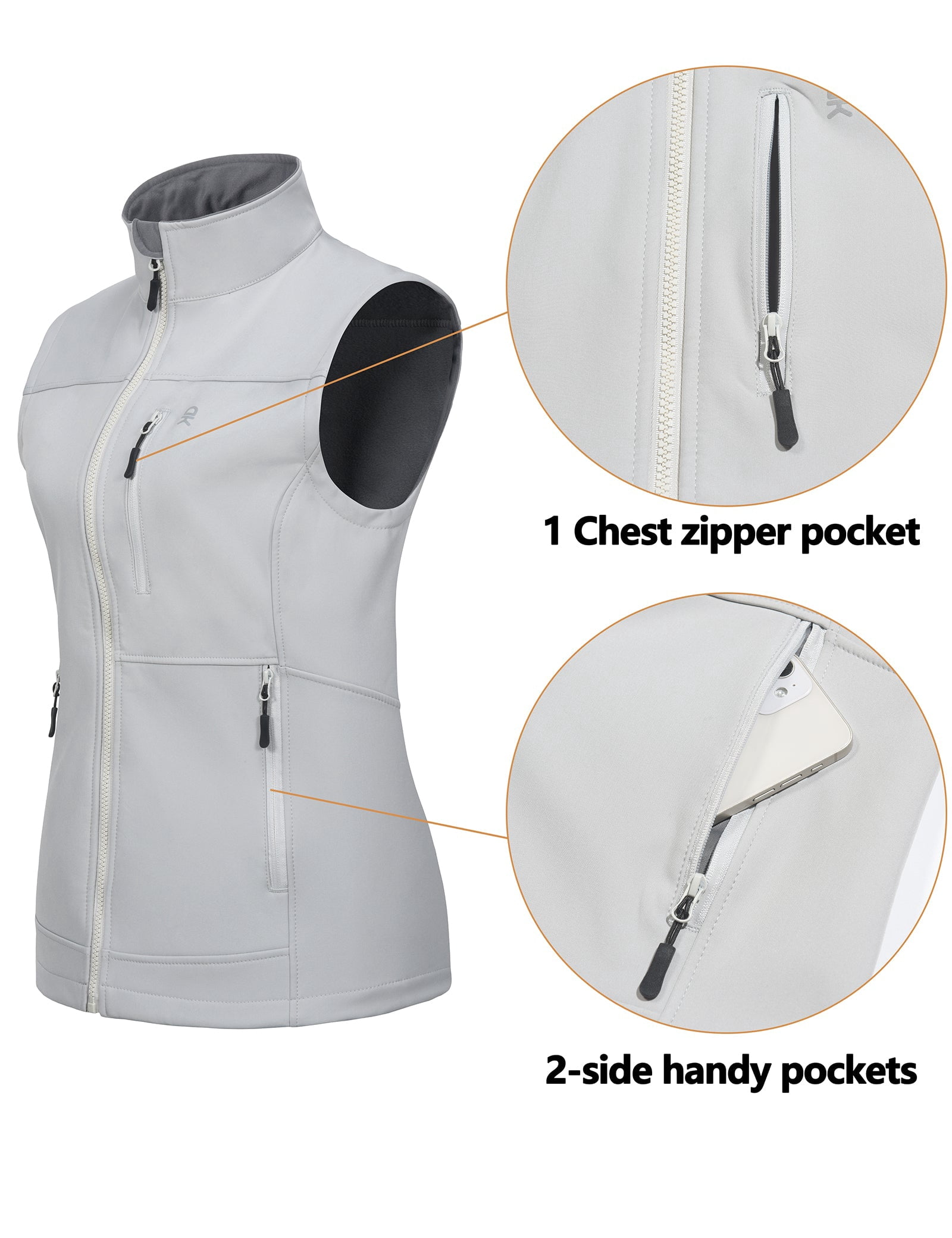 Little Donkey Andy Lightweight Softshell Vest for Women Fleece Lined Outerwear Zip Up Sleeveless Casual Windbreaker Jacket for Golf Hiking Running Jogging Outdoor Travel, Light Grey, X-Large