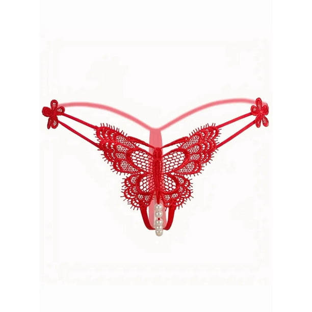 Tangas con bordado de mariposas, bragas de perlas sintéticas con abertura en la entrepierna, lencería y ropa interior sexy para mujer