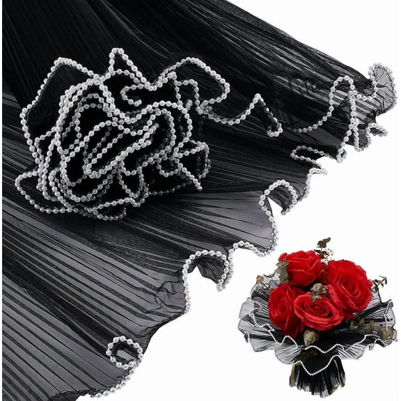 4.37 Yards Black Flower Wrapping Mesh Paper Pearl Edge Bouquet Packaging Paper Wrinkled Translucent for Wedding Decor Florist Supplies Wedding Festival Gifts Packaging for making