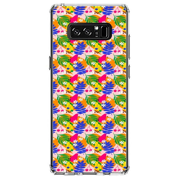 DistinctInk Clear Shockproof Hybrid Case for Samsung Galaxy Note 8 - TPU Bumper, Acrylic Back, Tempered Glass Screen Protector - Summer Vibes Floral Pattern Blue Orange Pink