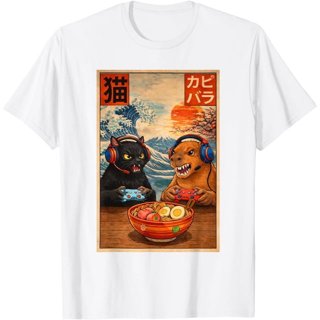 Cute Kawaii Gamer Cat & Capybara Ramen Retro - Camiseta japonesa para juegos
