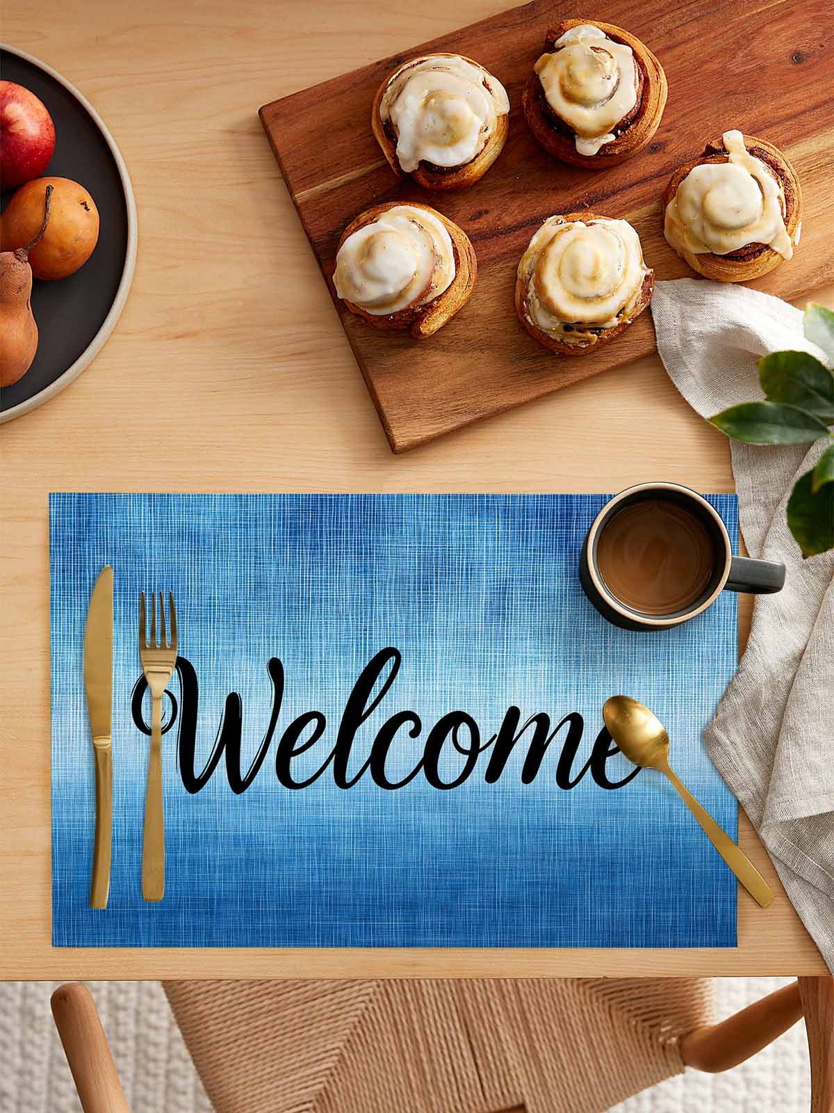 Welcome Quote Dark Blue Gradient Placemats Set of 4,Wipeable Washable Table Mats for Dining Tables,Summer Watercolor Style Place Mats for Kitchen Event Party Tabletop Decor