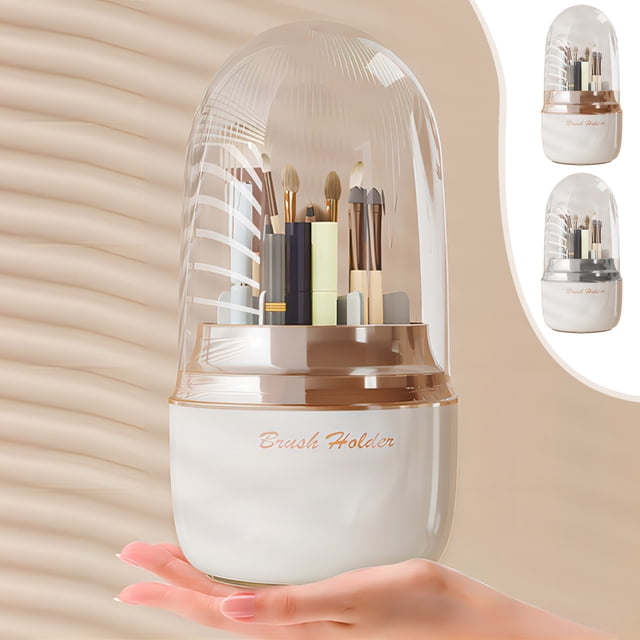 Organizador giratorio de brochas de maquillaje con cubierta antipolvo - Caja de almacenamiento cosmético de 7 compartimentos para pinceles, pintalabios y lápices de cejas