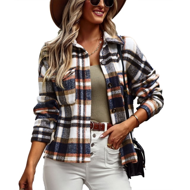 Camisa de manga larga a cuadros para mujer, abrigo informal con cuello y botones, blusa para uso diario, azul purpúreo XL