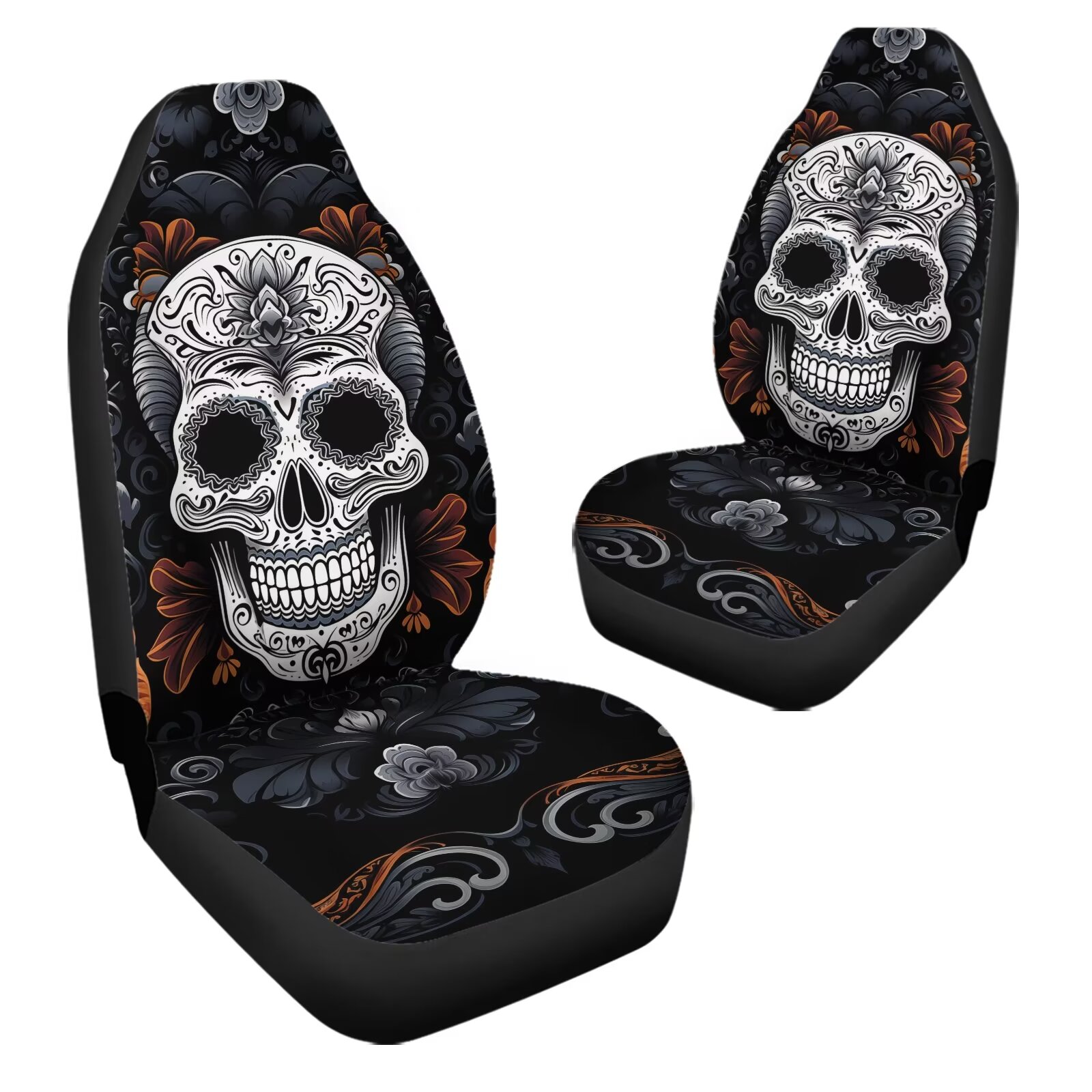 Uourmeti Universal 2pcs Front Seat Cover, Bohemian Sugar Skull Print Durable Car Seat Protector, Vehicle Seat Protector for Auto Sedan SUV Truck Auto Accessories