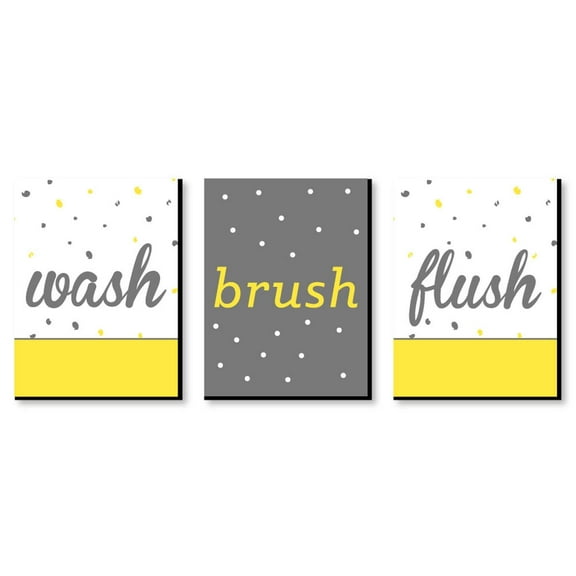 Big Dot of Happiness Yellow and Gray - Kids Bathroom Rules Wall Art - 7.5 x 10 inches - Set of 3 Signs - Wash, Brush, Flush