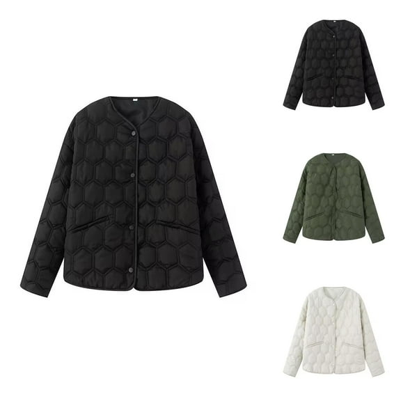 Casual Quilted Jacket for Women 2025 Long Sleeve Lightweight Snap Button Round Neck Jackets with Pockets Outerwear