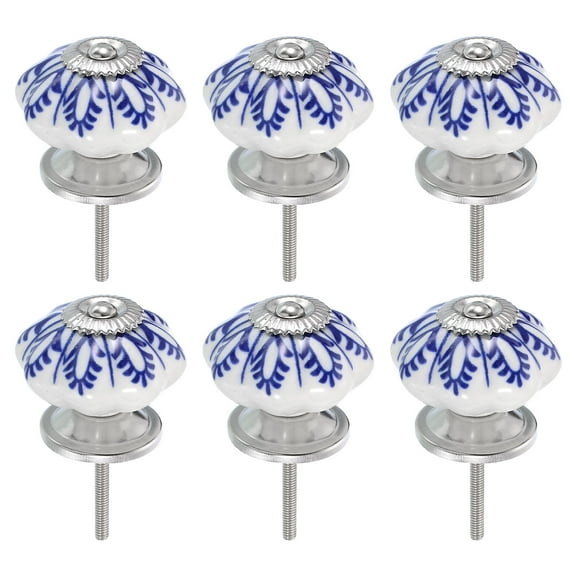 Uxcell 6 Pack Floral Ceramic Pull Knobs, Vintage Round Cabinet Knobs, Blue Ink Ceramic Knobs for Kitchen Cabinet