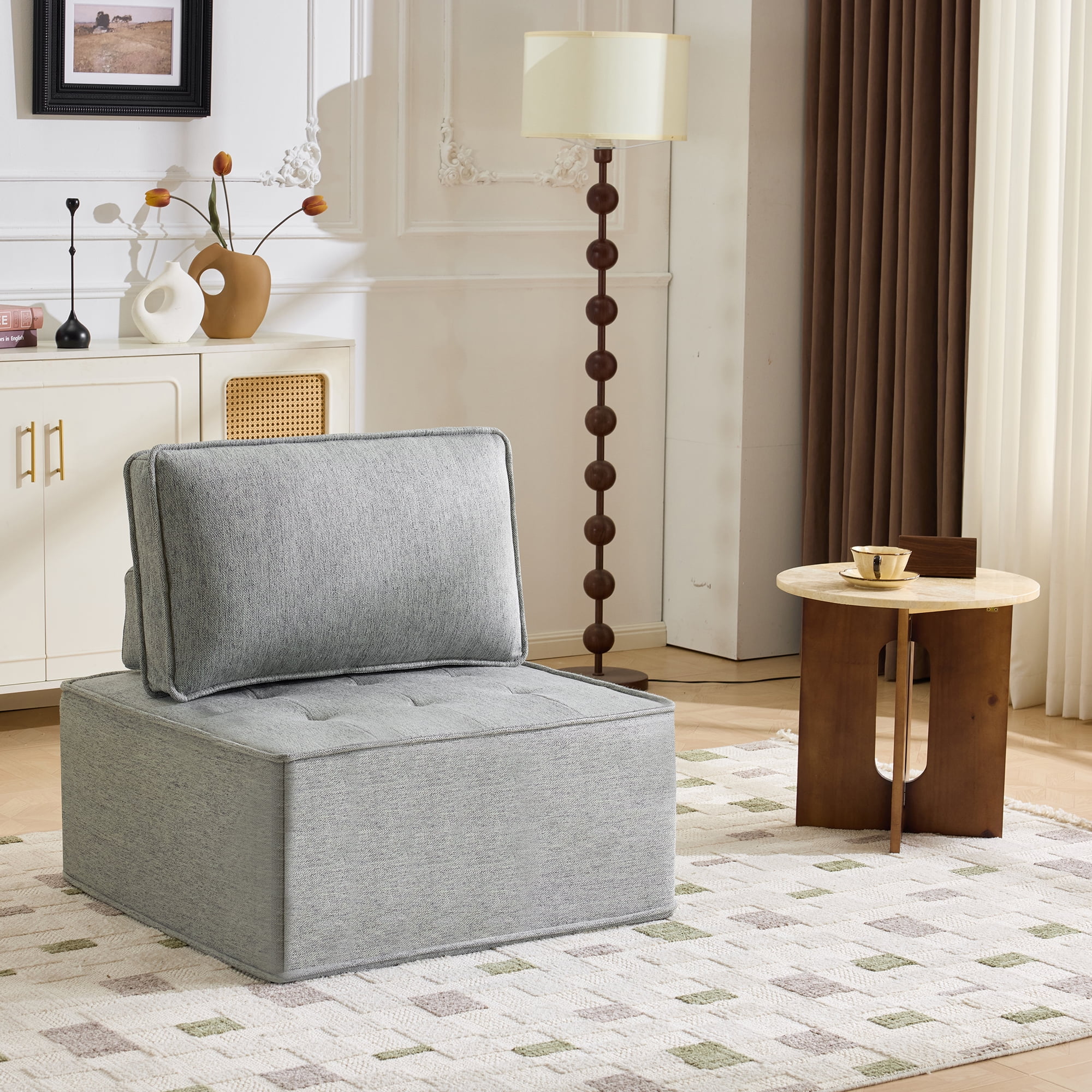 Modular Sofa, Light Grey Linen Wooden Frame Square Seat for Free Splicing, 32-Inch Solid Build with Good Resilience for Small Apartment Living Room and Multiple Decoration Styles