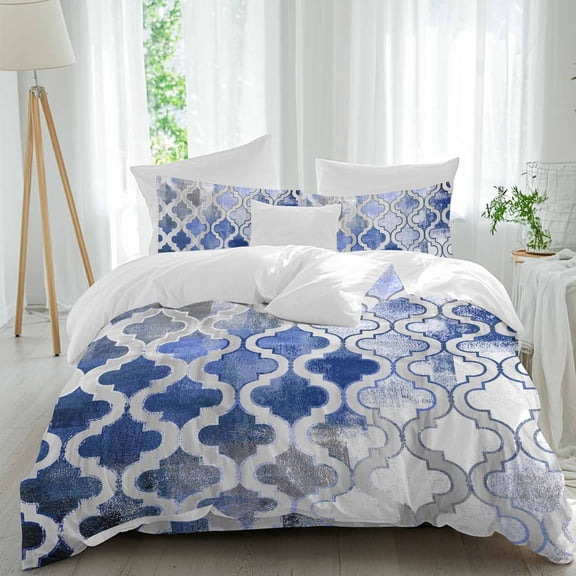 Blue Morocco Queen Size Comforter Set, Abstract Retro Tribal Geometric Ethnic Bedding for All Seasons, 4 Pcs Bed Set, 1Quiltcover (90"x92") ,1Sheet(94"x116"), 2Pillowcases (30"x20")