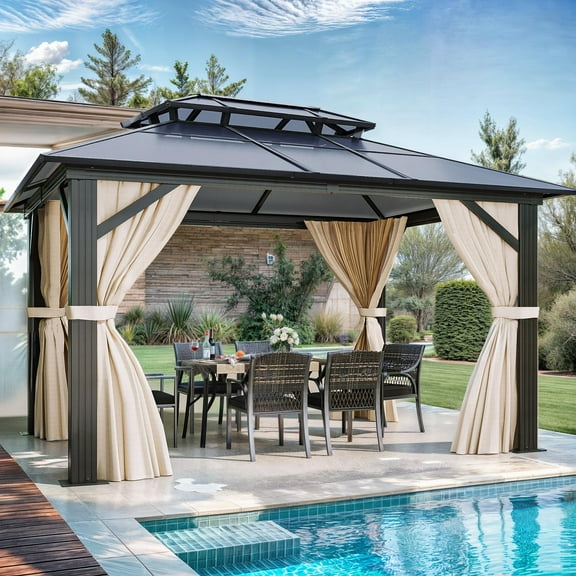 Dextrus 10x12ft Double Roof Hardtop Gazebo with Netting & Brown Curtains,Outdoor Aluminum Frame Polycarbonate Canopy,Garden Tent for Patio, Backyard, Black&Brown
