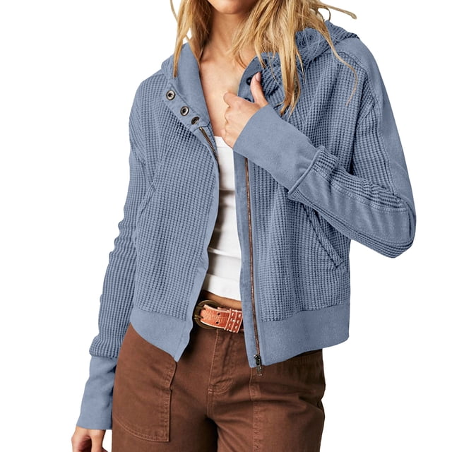 Yuyuzo Womens Coats Long Sleeve Hooded Drawstring Button Zipper Cropped Jackets Fall Casual Solid Color Tops Blouse