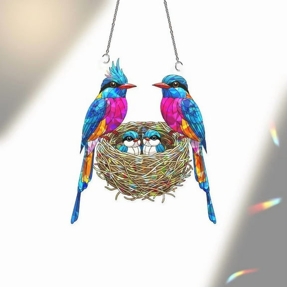 ViciArt Bird Family Suncatcher – 4" Acrylic Hanging Stained Glass Window Decor, Colorful Parent Birds & Nest, Sunlight Rainbow Ornament for Home
