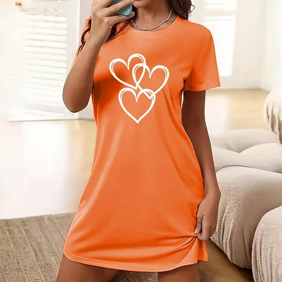 Sakmal Orange Moomoo Night dress for Women Short Comfy Sleep Dress Short Sleeve Heart Print Nightgowns for Women