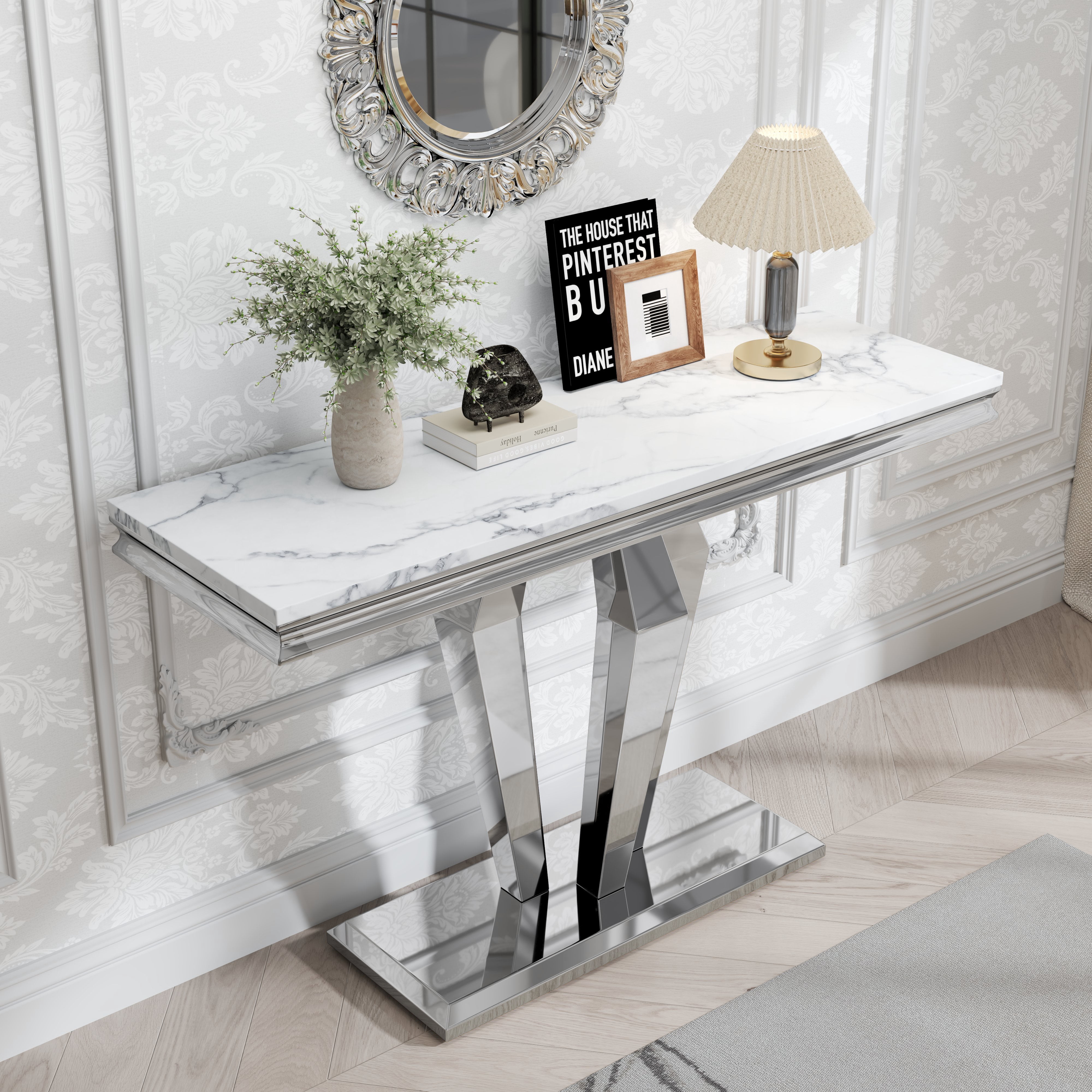 47" Modern Faux Marble Console Table, Rectangular Top & Diamond-Shaped Stainless Steel Base, Narrow Entryway Table for Entrance, Hallway, Foyer, or Living Room